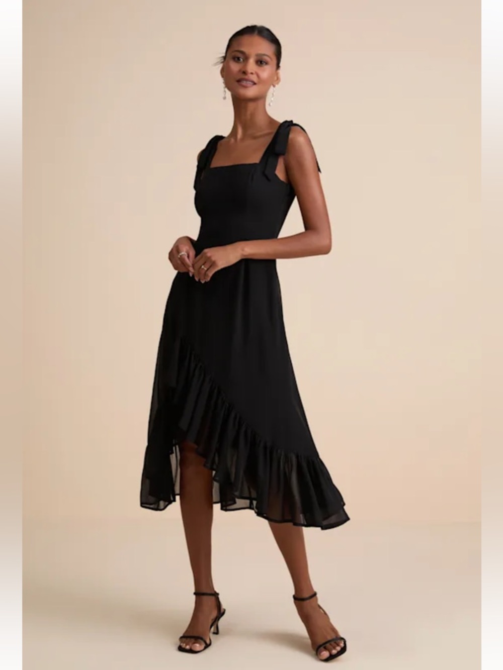 Lulus Tamryn Black Asymmetrical Ruffled Midi Dress